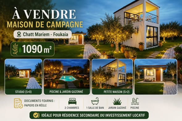 Akouda&nbsp;Chatt Meriem&nbsp;Vente&nbsp;Maisons&nbsp;Maison de campagne 1090m � chatt mariem foukaia