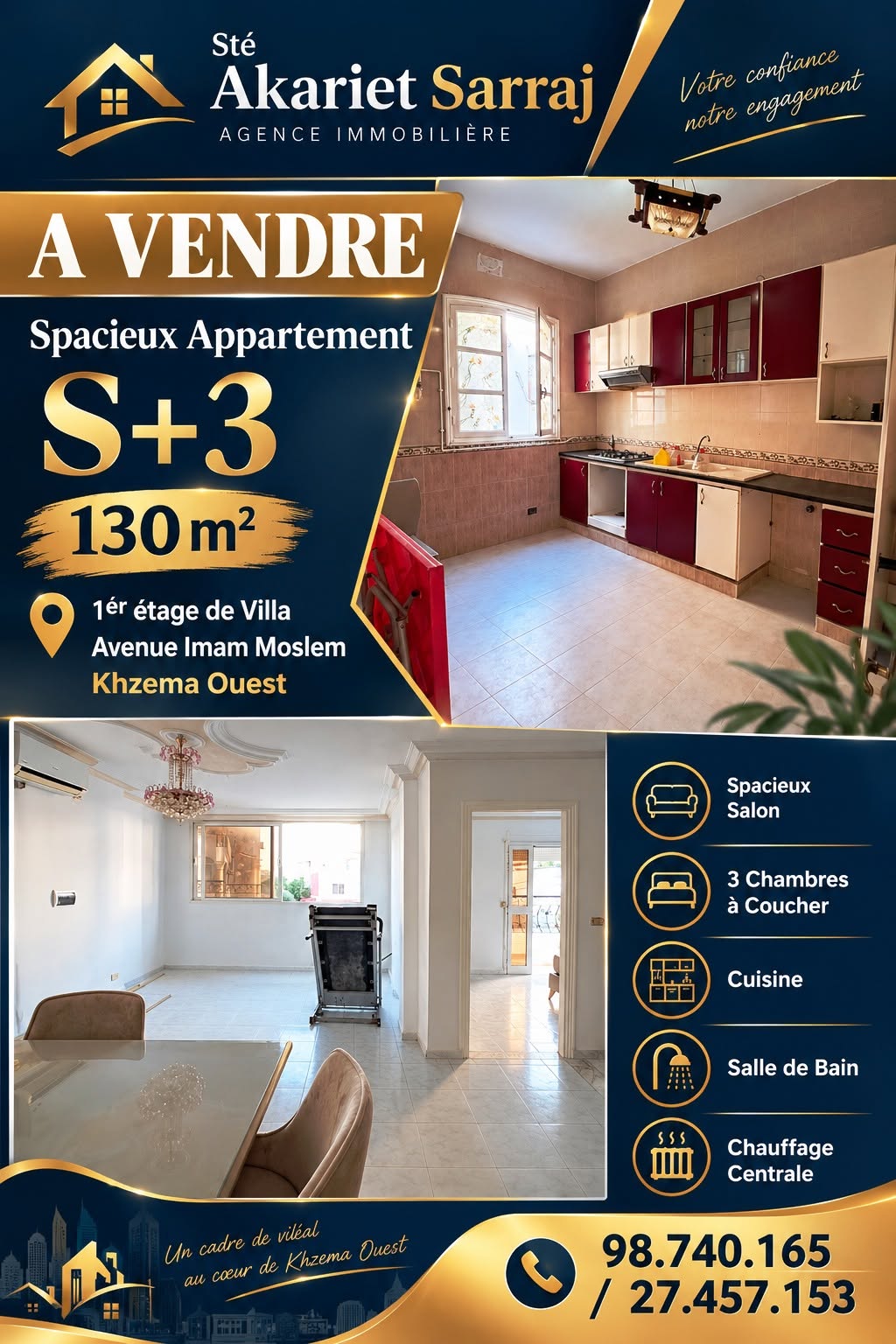 Sousse Jaouhara&nbsp;Khezama Ouest&nbsp;Vente&nbsp;Maisons&nbsp;Appartement s3 avenue de imam moslem khzema ouest