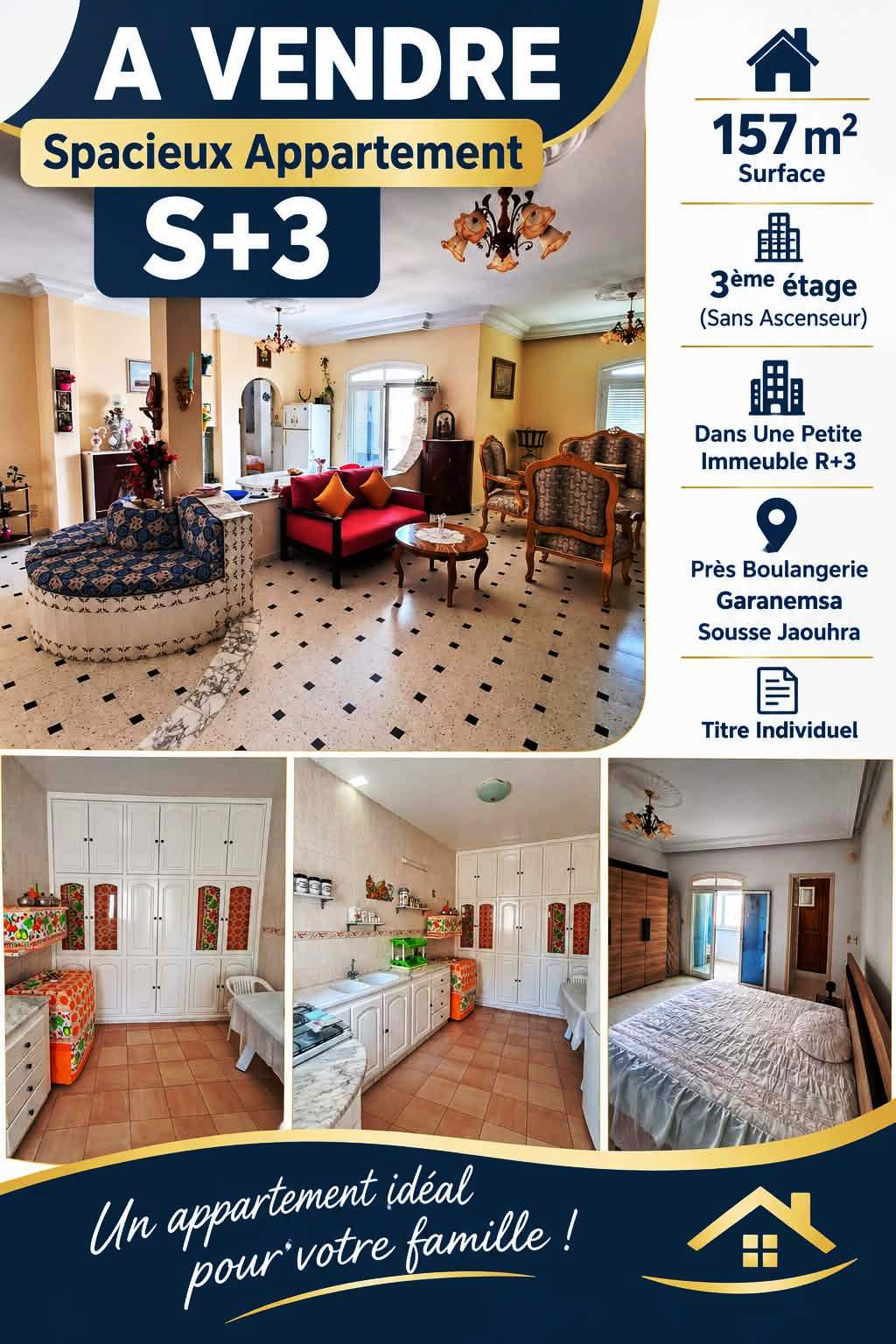 Sousse Ville&nbsp;Cite Jaouhara&nbsp;Vente&nbsp;Appart. 4 pi�ces&nbsp;Appartement s3 pr�s boulangerie garanemsa sousse