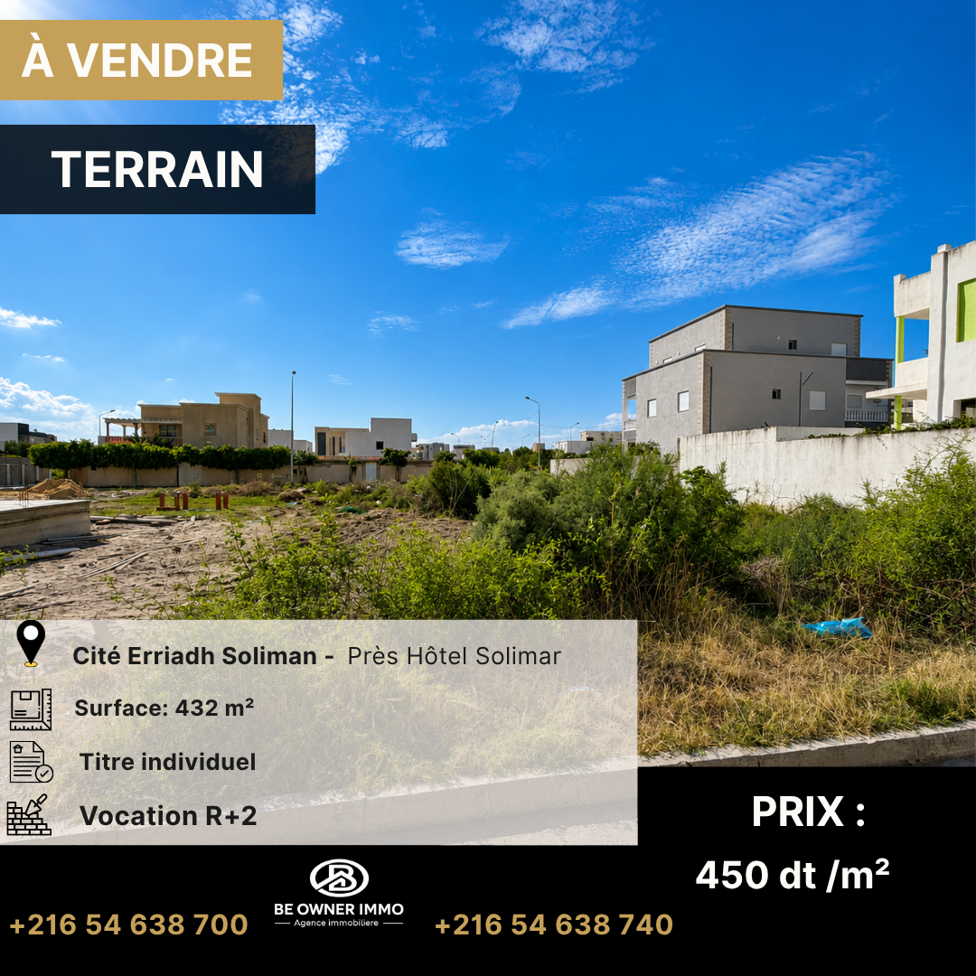 Hammam Chatt&nbsp;Borj Cedria&nbsp;Vente&nbsp;Autre&nbsp;Av terrain 432 m2
